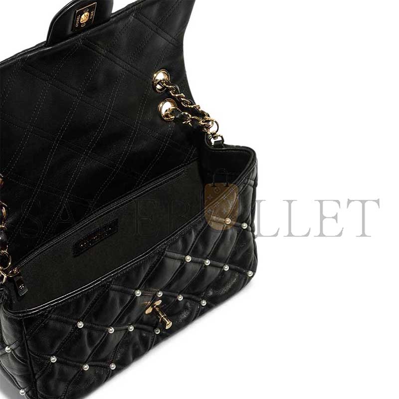 CHANEL BLACK PEARL STUDDED DIAMOND QUILT FLAP BAG (24*16*7.5cm)